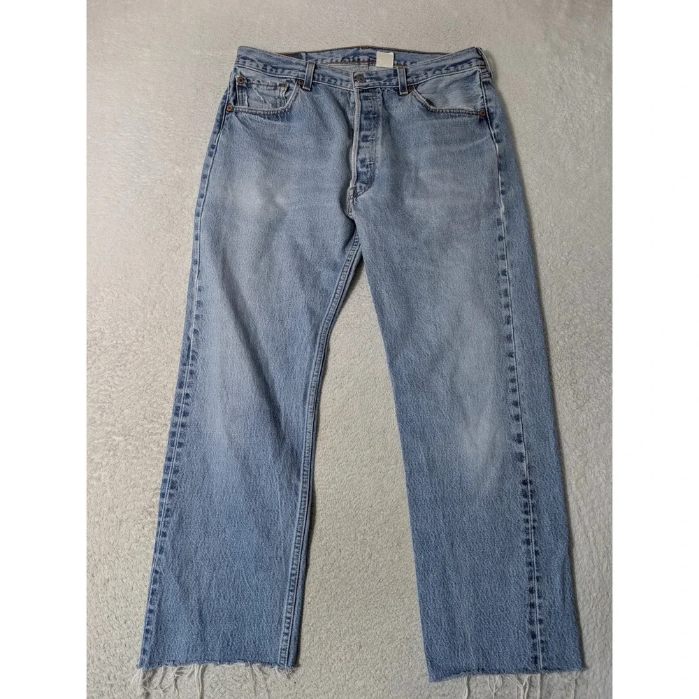 Levi's 501xx Jeans Mens 36/36 (33x27.5) Light Blue Straight Button Fly Raw‎ Hem